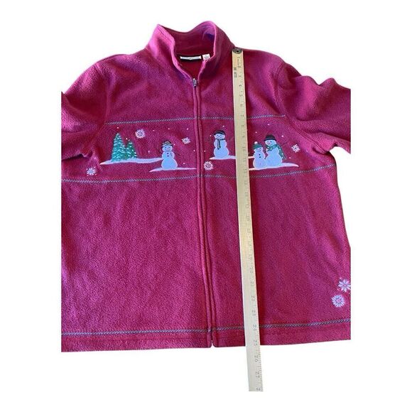 Croft & Barrow Red Fleece Jacket White Snowmen Green Fur Trees Snowflakes Size L - Picture 10 of 11